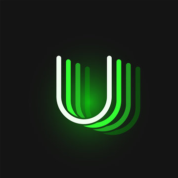Green neon character font on black background with reflections, vector illustration