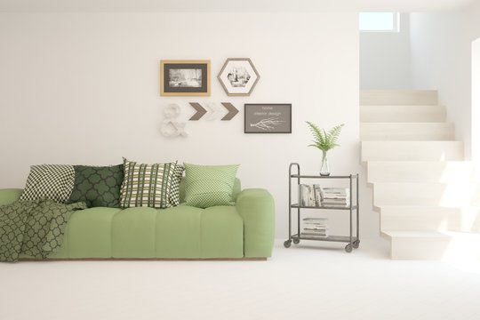 Stylish room in white color with green sofa and modern table. Scandinavian interior design. 3D illustration