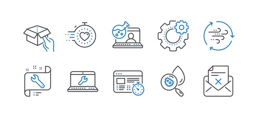 Set of Technology icons, such as Cogwheel, Water analysis, Web timer, Timer, Wind energy, Online chemistry, Laptop repair, Hold box, Spanner, Reject letter line icons. Line cogwheel icon. Vector