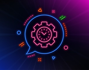 Time management line icon. Neon laser lights. Clock sign. Gear symbol. Glow laser speech bubble. Neon lights chat bubble. Banner badge with time management icon. Vector