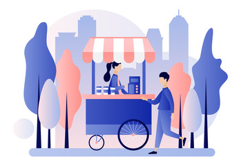 Weekend fest, food street fair, family festival concept. Street coffee cart. Modern flat cartoon style. Vector illustration