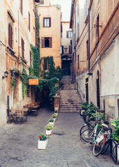 Fototapeta na wymiar View of old narrow street in Rome, Italy. Architecture and landmark of Rome. Cozy cityscape of Rome.