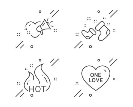 Santa boots, Love message and Hot sale line icons set. One love sign. New year, Heart, Shopping flame. Sweet heart. Holidays set. Line santa boots outline icon. Vector