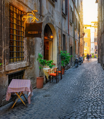 View of old cozy street in Rome, Italy. Architecture and landmark of Rome. Cityscape of Rome