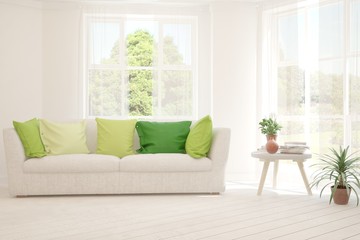 Stylish room in white color with sofa and summer landscape in window. Scandinavian interior design. 3D illustration