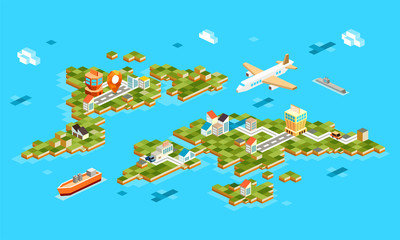 isometric landscapes with airport,airplane, building, boat, marine. set of landscape airport in island.3d isometric gps navigation on airport - vector