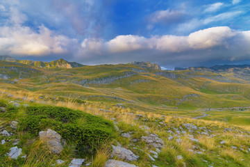 Summer mountaine landscape with cloudy sky. Mountain scenery, National park Durmitor, Zabljak, Montenegro