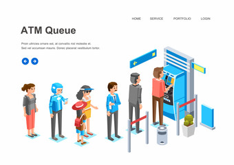 isometric people queue in ATM machine, man, women and kid character queue up in front of ATM machine waiting for their turn vector illustration