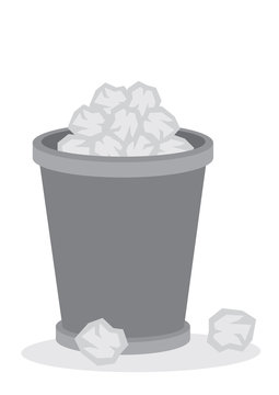 Office trash recycle bin full of paper garbages. Vector cartoon illustration.