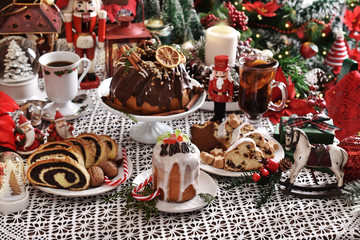traditional cakes for Christmas on festive table