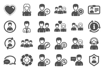 User people icons. Male and Female Profile, Group and Support icons. ID card, Teamwork people and Businessman symbols. Couple love, Security profile and User management support. Quality set. Vector