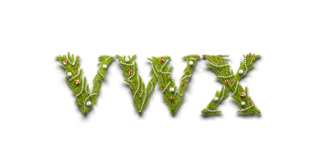 Decorative V W X letters, xmas font mock up isolated