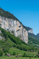 Panoramic view of Lauterbrunnen, the Staubbach fall and the Lauterbrunnen Wall.
