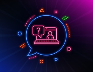 Question mark line icon. Neon laser lights. Online faq support sign. Glow laser speech bubble. Neon lights chat bubble. Banner badge with faq icon. Vector