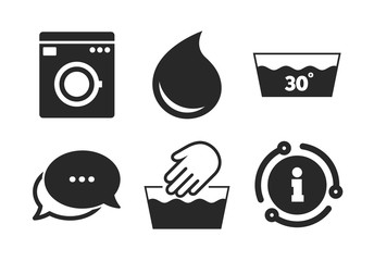 Machine washable at 30 degrees symbols. Chat, info sign. Hand wash icon. Laundry washhouse and water drop signs. Classic style speech bubble icon. Vector - obrazy, fototapety, plakaty