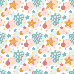 Seamless pattern with christmas decorations: mistletoe, stars, moon. Сreative print for apparel, nursery decoration, textile, packaging, wrapping paper, etc.