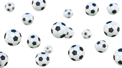 Naklejka premium Falling isolated football soccer balls. Close-up and depth of field. 3d rendering illustration
