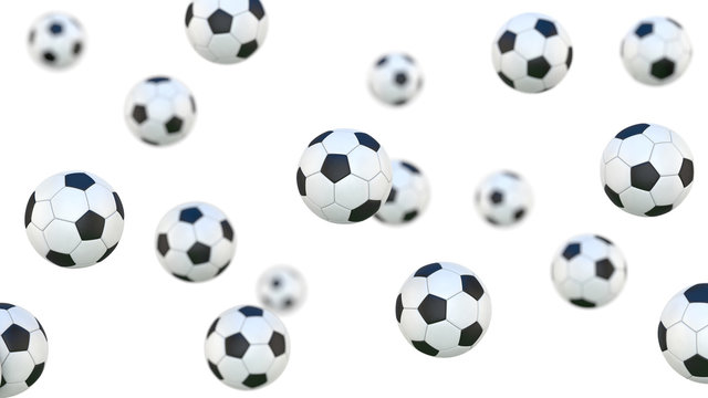 Falling isolated football soccer balls. Close-up and depth of field. 3d rendering illustration