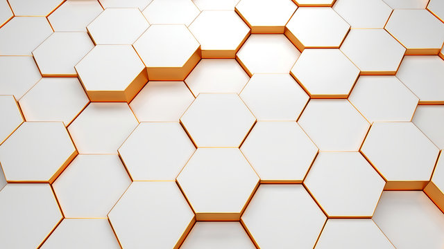 Modern hexagonal background texture pattern. Honeycombs at different level. 3d rendering illustration. Futuristic banner. © Nikolay E