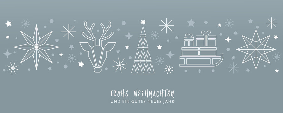 Weihnachtsgruss silberner Hintergrund - Sterne, Weihnachtsbaum, Rentier und Geschenke auf Schlitten - deutsch