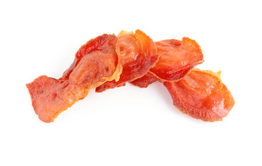 Tasty fried bacon on white background