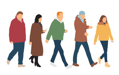 Obraz premium Silhouettes of men and women standing and walking, cartoon character, outerwear, group business people, vector illustration, flat designe icon, isolated on white background