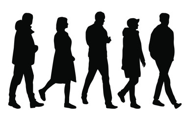 Vector silhouettes of  men and a women, a group of standing and walking business people, black color isolated on white background