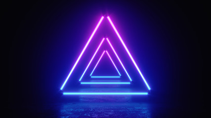 3d render illustration of glowing triangle lines, neon lights, abstract vintage background, ultraviolet, spectrum vibrant colors, laser show