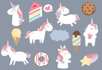 Fototapeta premium pastel animal unicorn set with unicorn,cake,ice cream,donut.Vector illustration for sticker,postcad,birthday invitation.Editable element