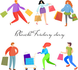 People on shopping. Black Friday. People rush shopping. Vector illustration of flat people.