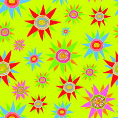 Fototapeta na wymiar Seamless vector pattern with flowers on bright yellow background. Hippie festive repeat wallpaper. Summer festival design.