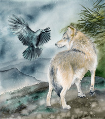   Watercolor picture of a wolf  and a raven on a hill under  falling snow with distant mountains on the background
