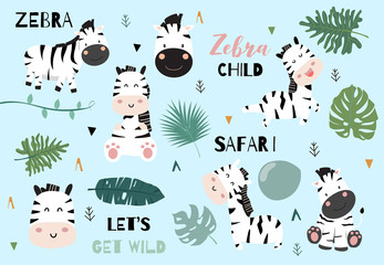Cute animal object collection with zebra and leaves.Vector illustration for icon,logo,sticker,printable.Include wording let's get wild