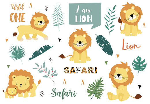 Cute animal object collection with lion and leaves.Vector illustration for icon,logo,sticker,printable.Include wording wild one