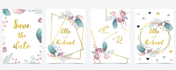 Fototapeta na wymiar Pink white gold geometry wedding invitation with rose,flower,heart and leaves.Vector birthday invitation for kid and baby.Editable element