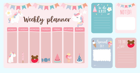 cute weekly planner background with unicorn,rainbow,ice cream,cloud.Vector illustration for kid and baby.Editable element