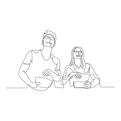 Continuous one line couple watching a movie with 3D glasses. Vector stock illustration.