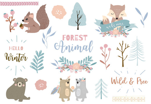 Winter set with bear,fox,squirrel illustration for sticker,postcard,background,christmas invitation