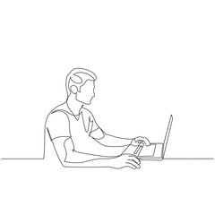 Continuous one line man working on a laptop. Vector stock illustration.