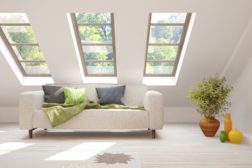 Stylish room in white color with sofa and summer landscape in window. Scandinavian interior design. 3D illustration