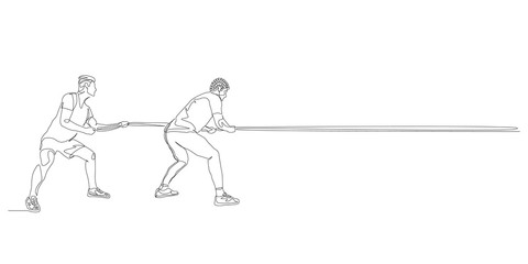 Continuous one line two men pull the rope. Tug of war. Vector stock illustration.