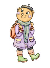 A cartoon lady bear in an autumn outfit. Isolated on a white background. Raster graphics.