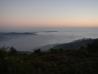 Mist over the mountaintop at Der El Qamar, Lebanon in the sunset scenery.