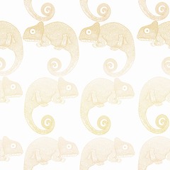 Pattern with a chameleon. Seamless background. Golden color. Graphics. Hand drawn