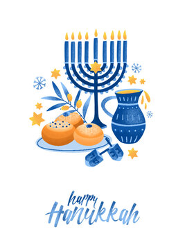 Hanukkah symbols flat vector illustration