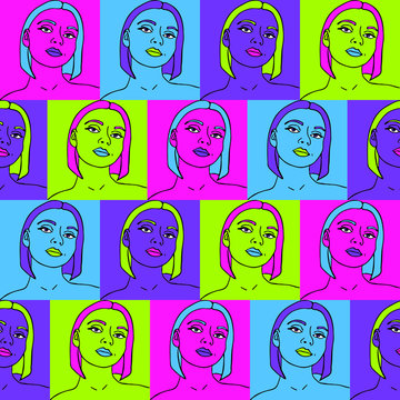 Seamless vector pattern with women face on neon colors. Be different attitude repeat wallpaper. Colorful squares with girls. Design for teenagers fashion.