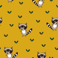 Seamless vector pattern with cute raccoons. Children wallpaper design with animals. Simple hand drown character on muster yellow background.