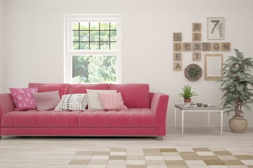 Stylish room in white color with colorful sofa and summer landscape in window. Scandinavian interior design. 3D illustration