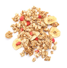 Tasty granola with fruits on white background