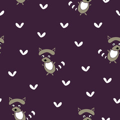 Seamless vector pattern with cute raccoons. Children wallpaper design with animals. Simple hand drown character on dark purple background.